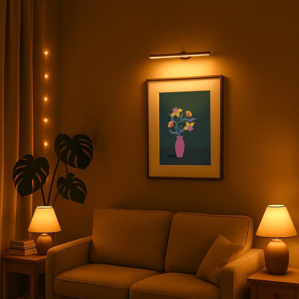 Living room wall featuring framed Daffodil illustration with rich contrast and deep color palette