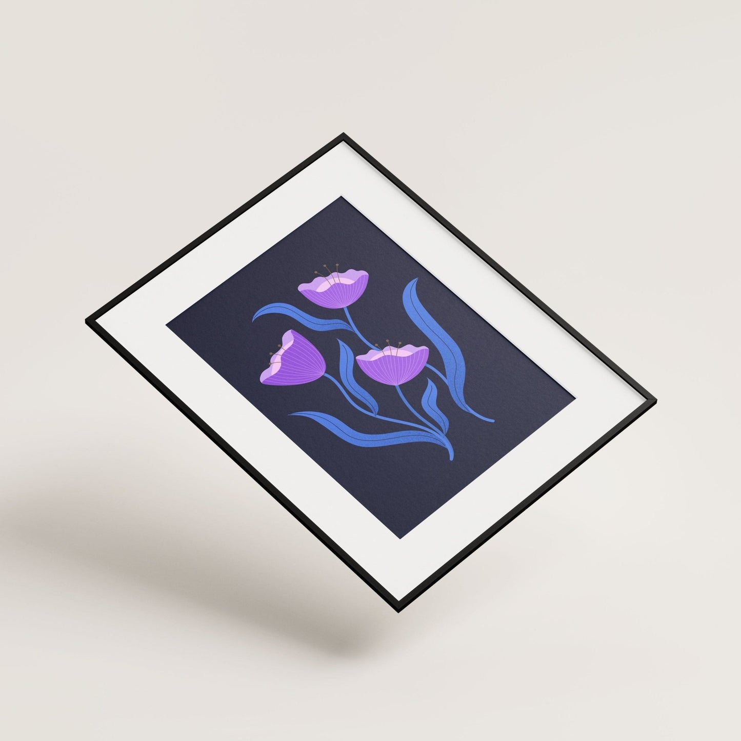Dark whimsical floral print with purple flowers and blue leaves on navy background - Framed mockup