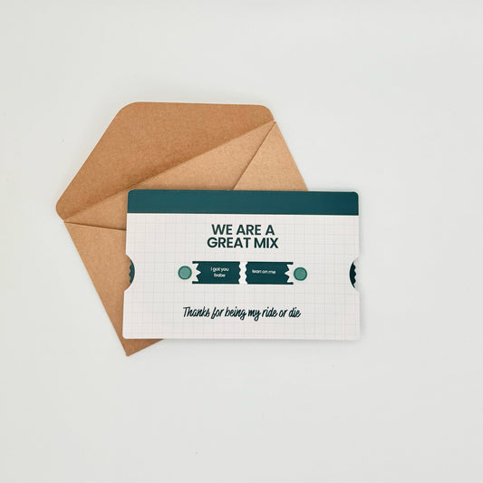 Cassette-themed greeting card with retro vibes and kraft envelope