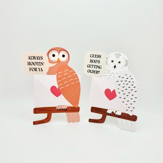 two standing die-cut owl cards, barred owl and snowy, with pun messages and holding removable cards for personal note
