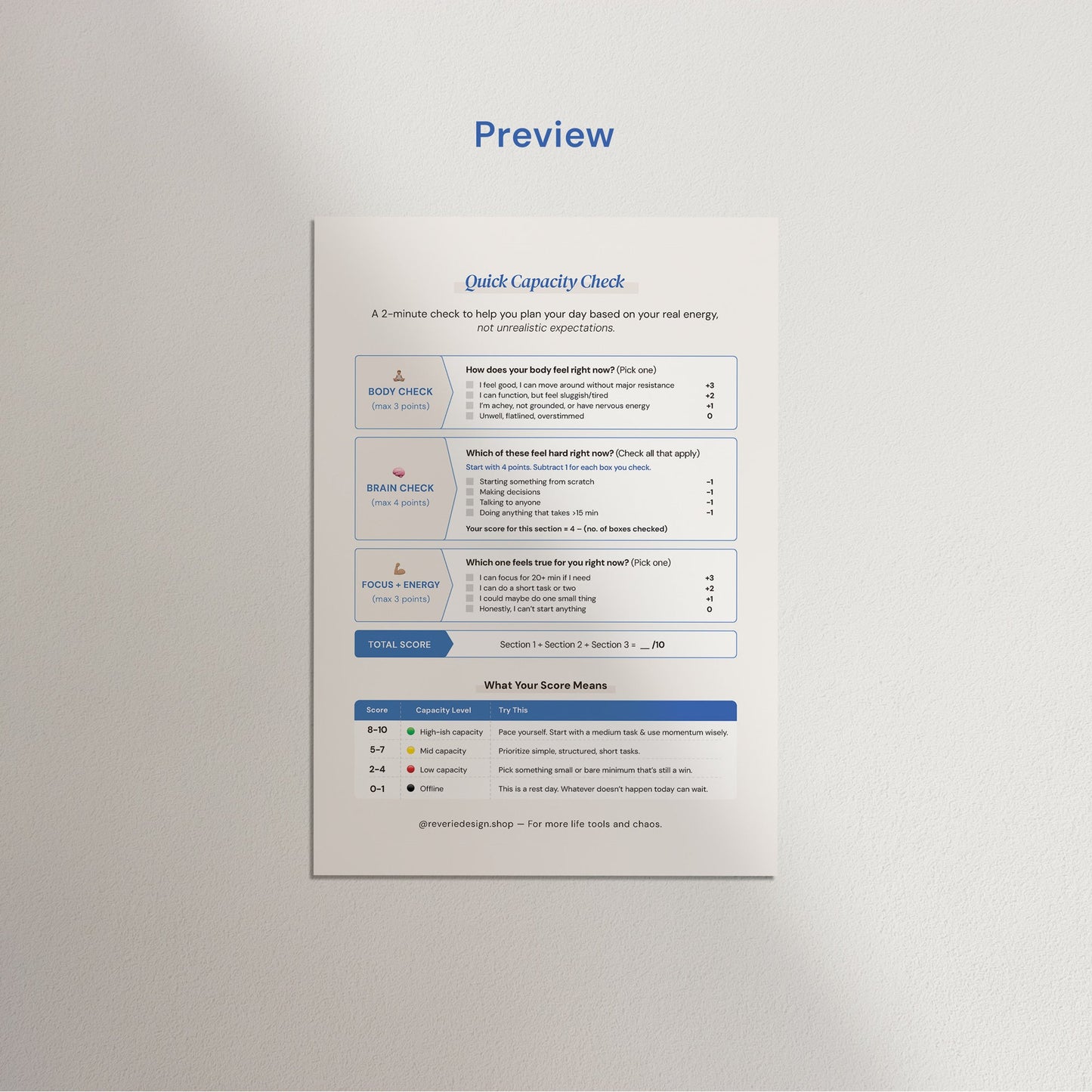 Capacity Score Check [Digital File] - Quick Support Tool for Neurodivergent, Anxious, Chronically ill, or Overwhelmed - Reverie Design Shop