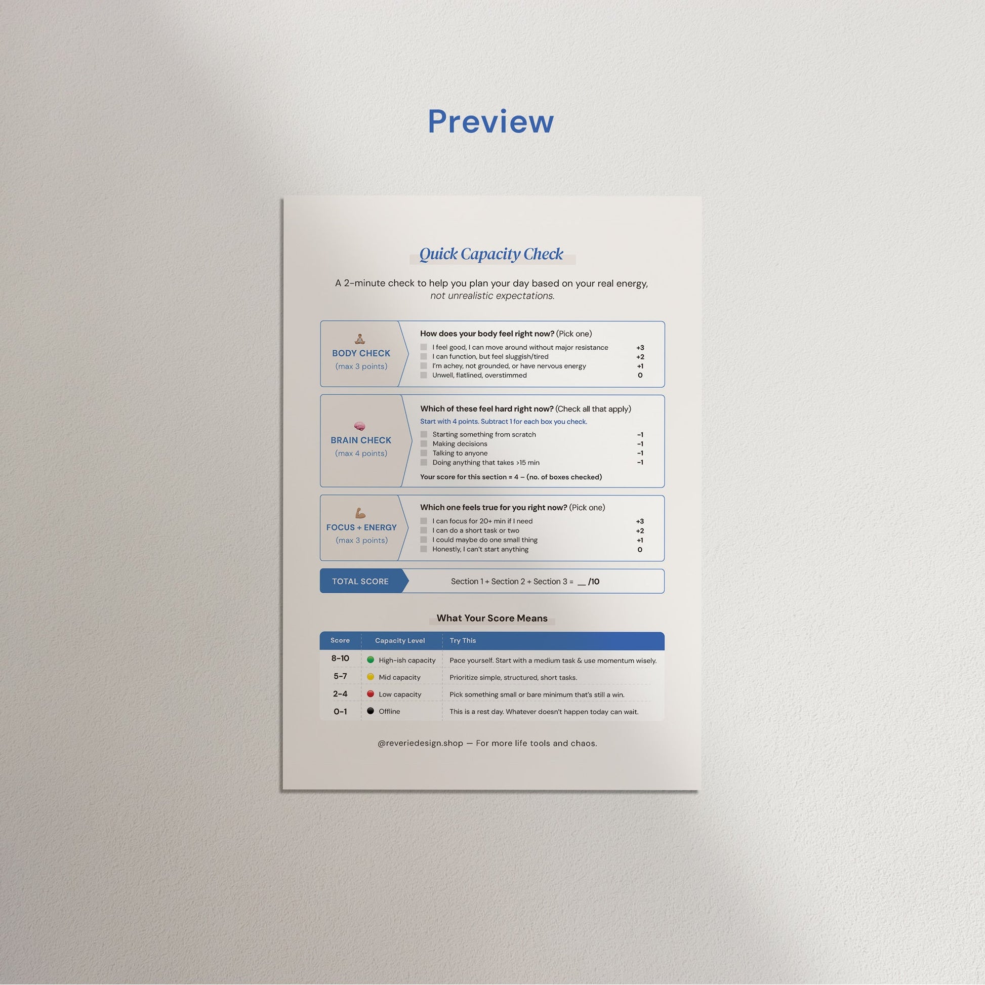 Capacity Score Check [Digital File] - Quick Support Tool for Neurodivergent, Anxious, Chronically ill, or Overwhelmed - Reverie Design Shop