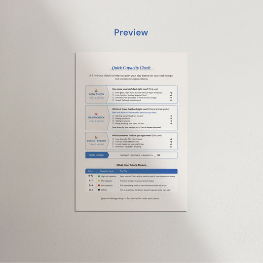 Capacity Score Check [Digital File] - Quick Support Tool for Neurodivergent, Anxious, Chronically ill, or Overwhelmed - Reverie Design Shop