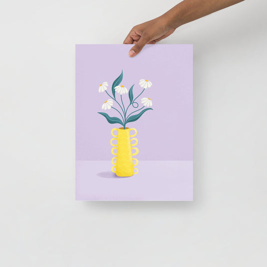 Whimsical Daisy Art Print with Yellow Vase and Pastel Purple Background - soft, playful, floral home decor