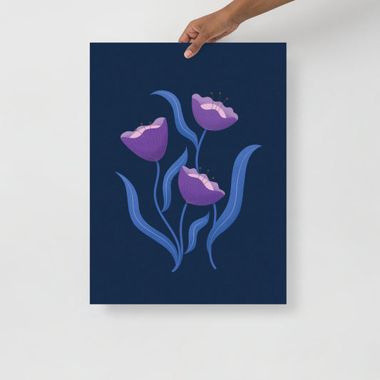 Dark whimsical floral print with purple flowers and blue leaves on navy background