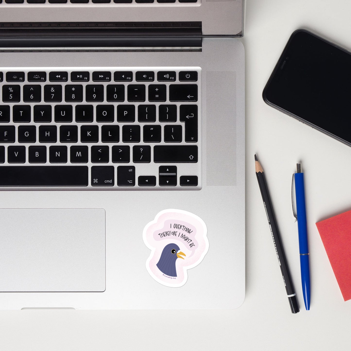 Sticker on a laptop - Funny sticker with pigeon illustration and text ‘I overthink therefore I might be’