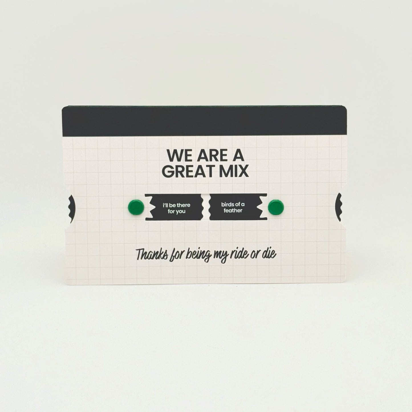 Mixtape-inspired card for birthdays, love notes, or just because. Featuring rotating circles that can be spun, revealing song titles.