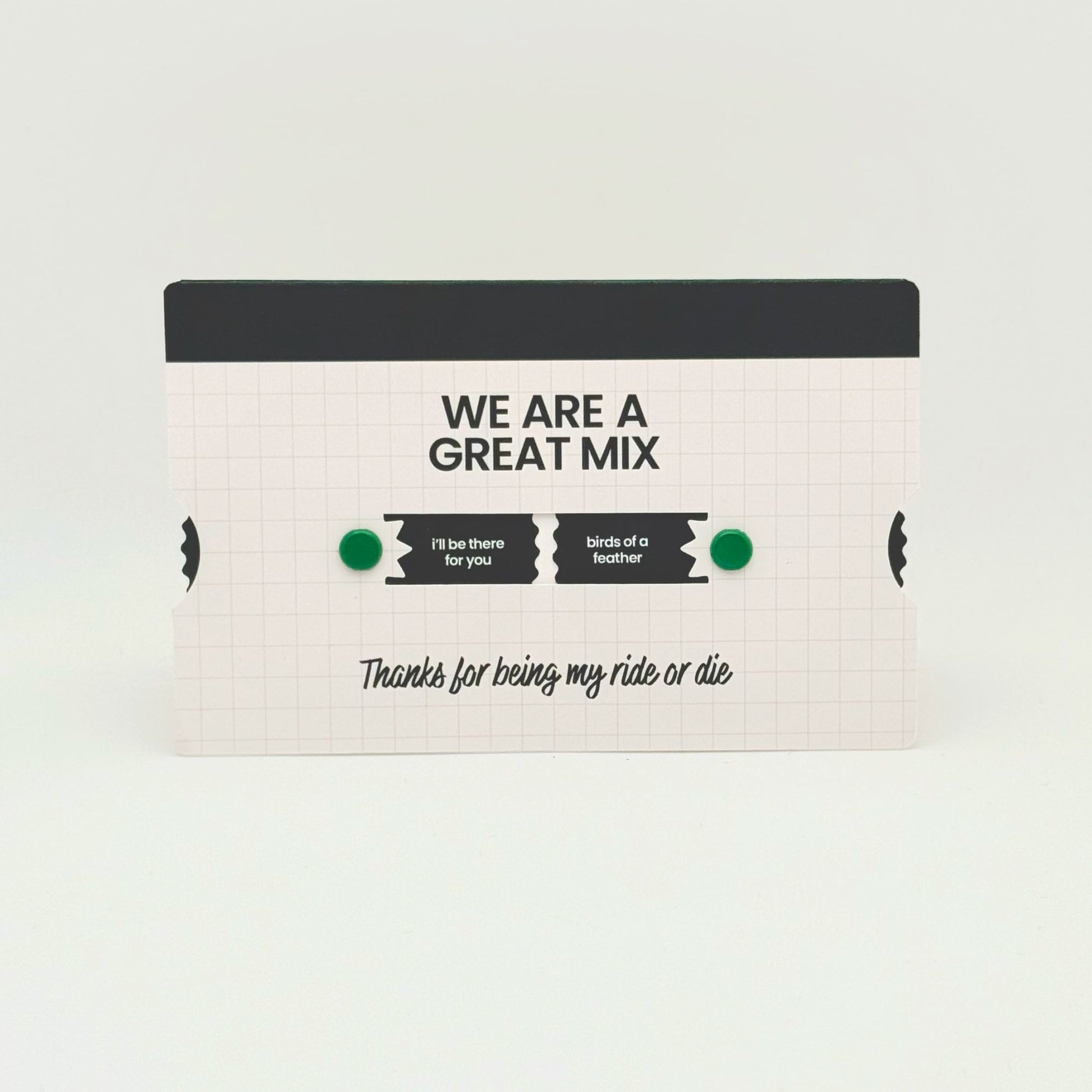 Mixtape-inspired card for birthdays, love notes, or just because. Featuring rotating circles that can be spun, revealing song titles.