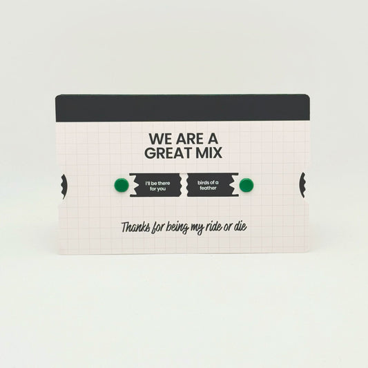 Mixtape-inspired card for birthdays, love notes, or just because. Featuring rotating circles that can be spun, revealing song titles.