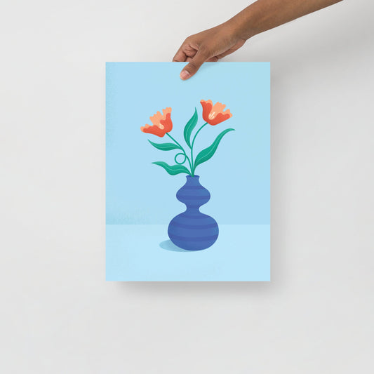 Art print of mystical red poppies in blue vase on light blue background
