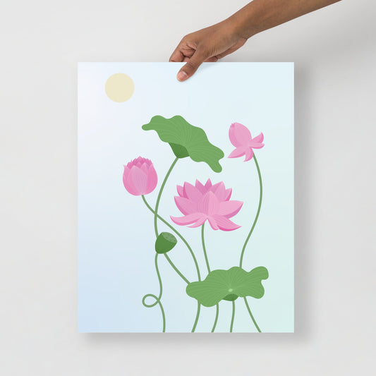 Soft floral illustration featuring lotus flower on calming blue background