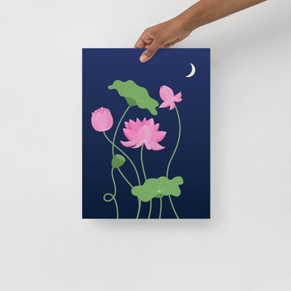 Lotus flower art print on deep blue background with dreamy tones