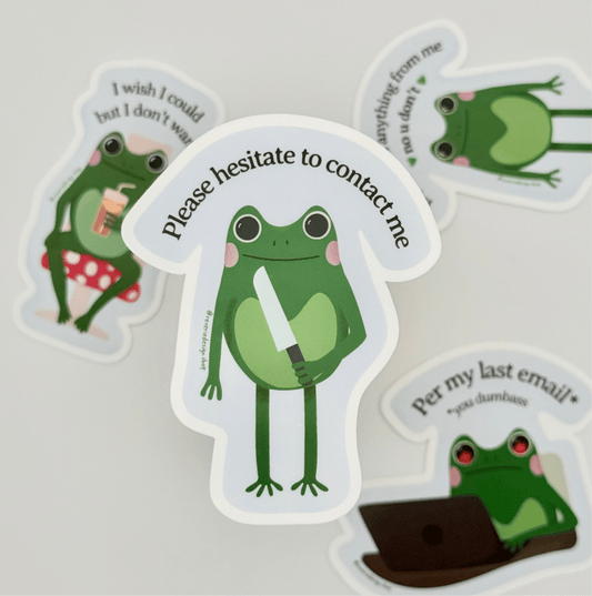Please Hesitate to Contact Me Sticker - Corporate Menace Frog - Matte Vinyl Frog Sticker - Reverie Design Shop