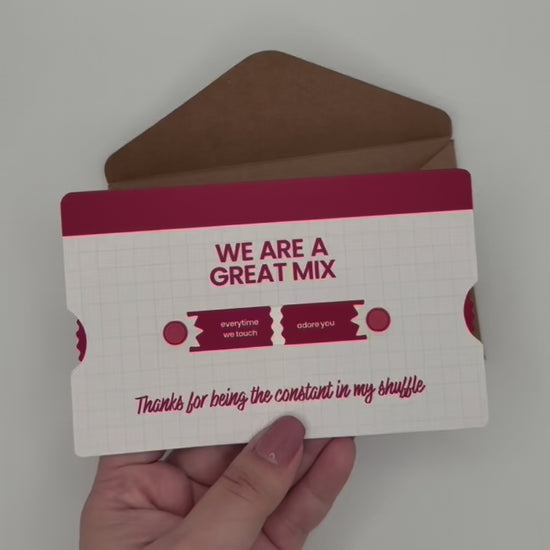Showcasing interactive spinning or rotating greeting card revealing romantic playlist song titles. For anniversary or valentines day