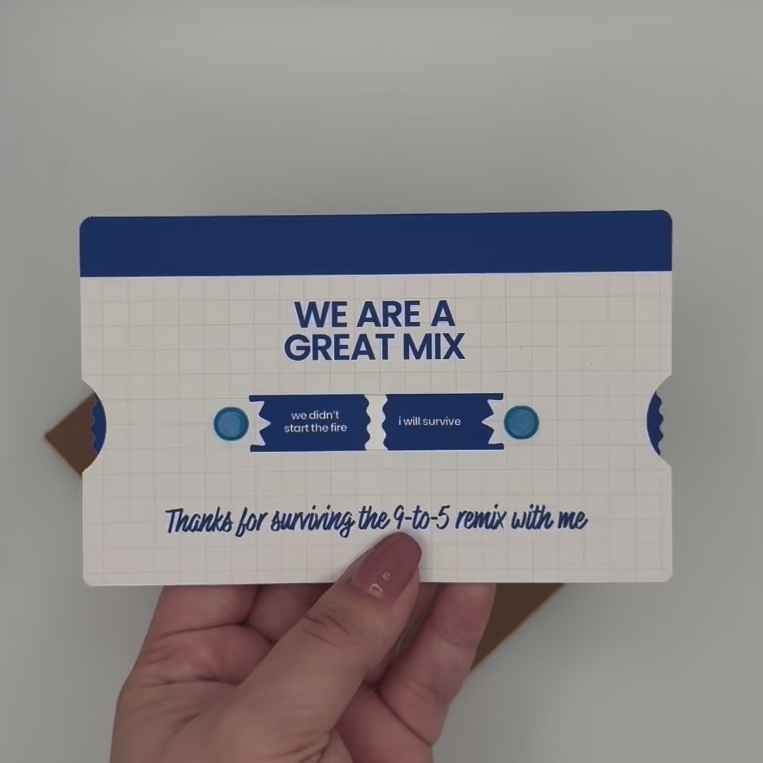 Showcasing interactive Work BFF mixtape-themed greeting card - work friend greeting card with kraft envelope