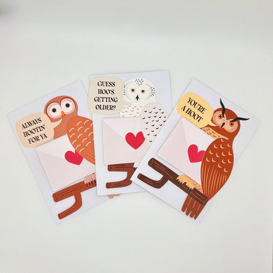 Set of 3 - Standing Owl Greeting cards - keepsake greeting cards for any occasion - Reverie Design Shop