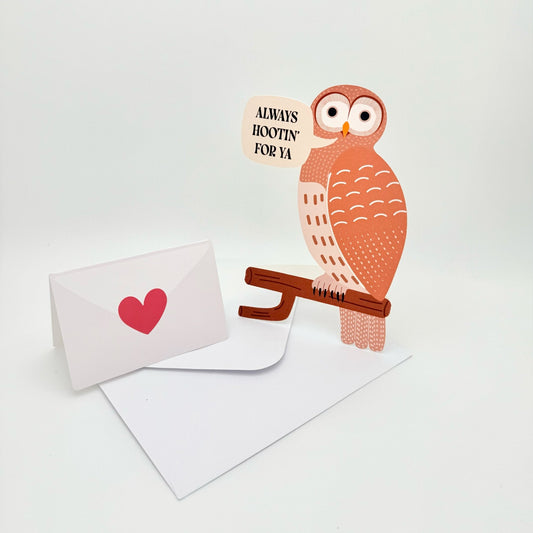 Die-cut barred owl greeting card with pun “Always hootin’ for ya.” Carrying a removable folded card for personal message