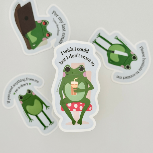Funny Sticker with frog on mushroom chair and text ‘I wish I could, but I don’t want to’
